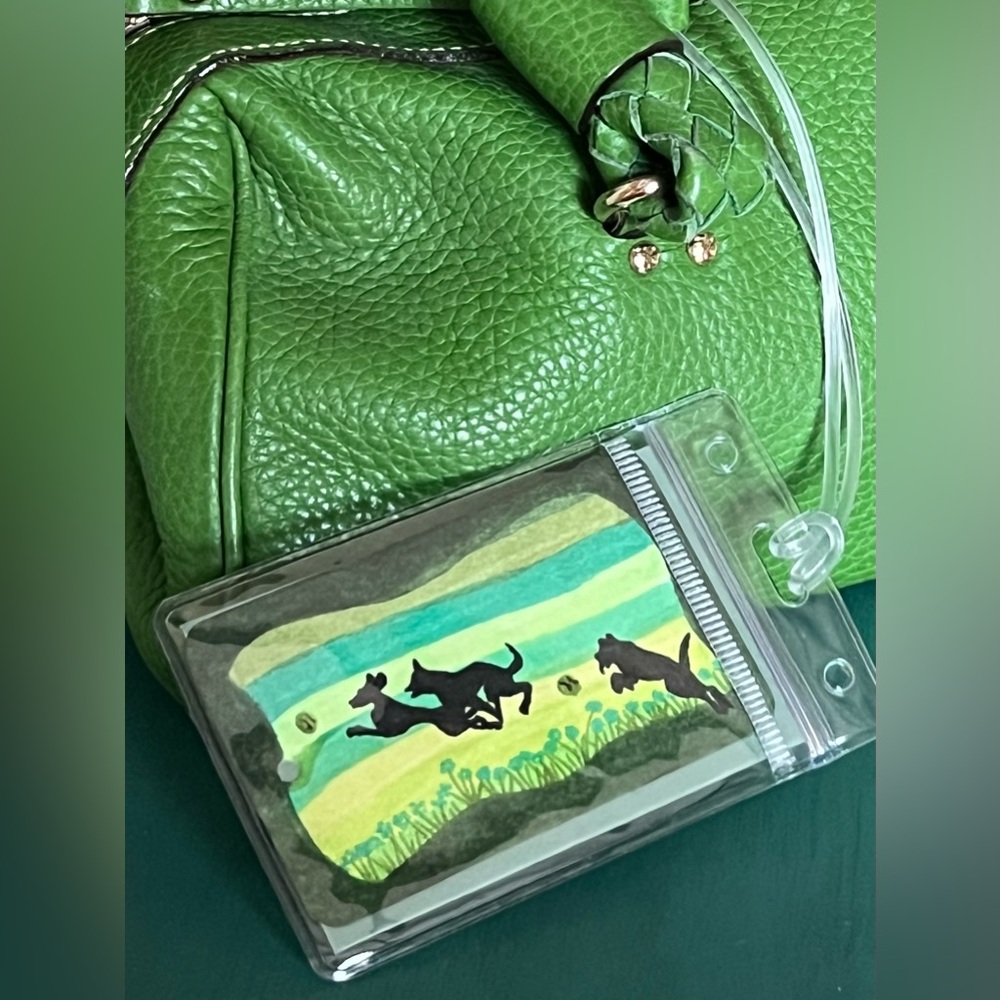 Original Art Luggage / ID / Placecard Tag - Dogs & Tennis Balls 🎾 Green